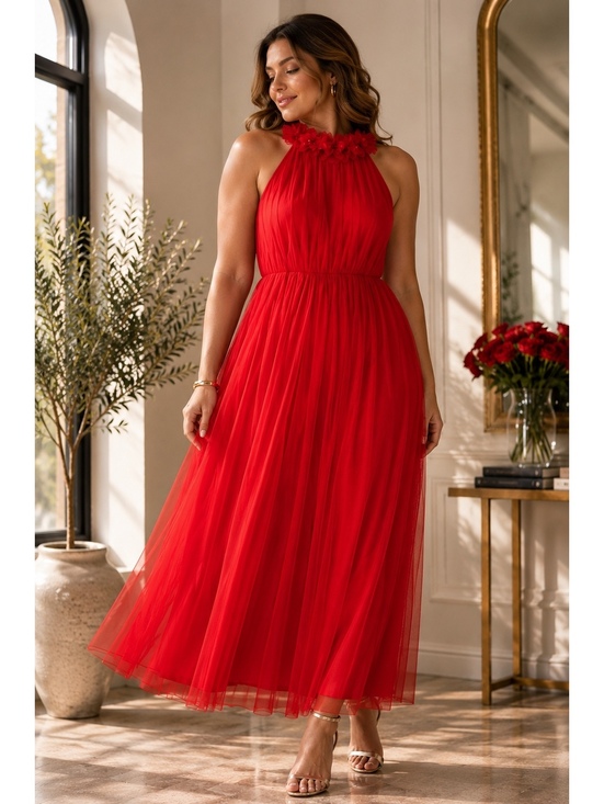 Dresses & Skirts - Lovely Grace Red Floral Neck Pleated Tulle Midi Dress NWT Size L